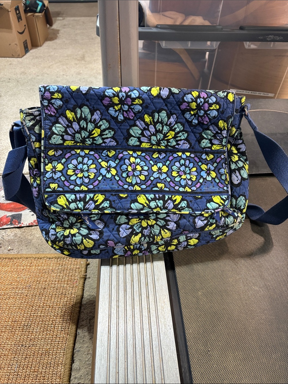 Vera Bradley Navy Floral Quilted Messenger Bag with Yellow & Light Blue Accents